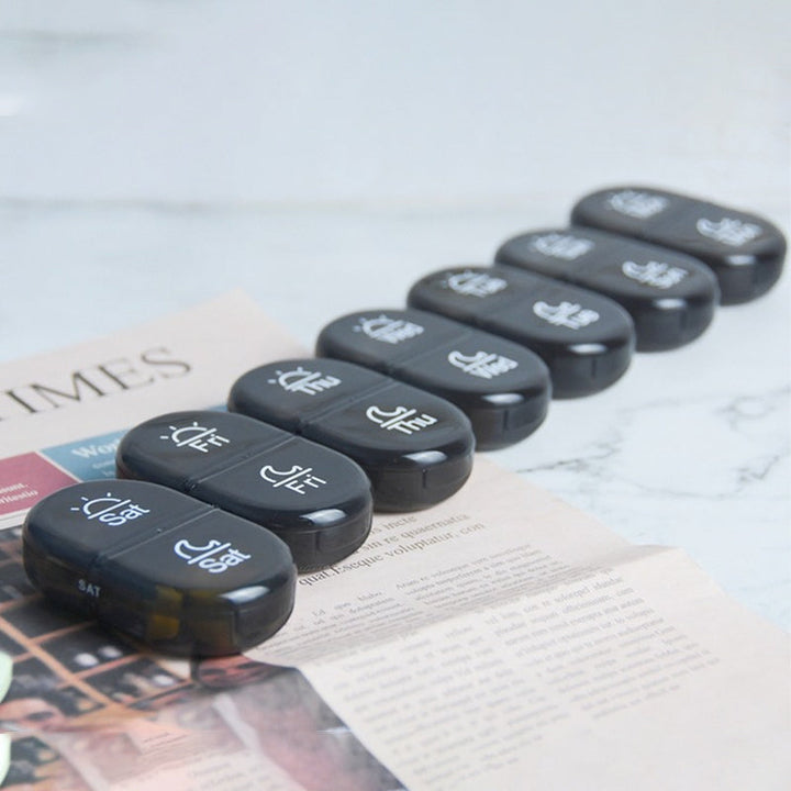 Seven-day pill organizer with snap-tight lids, ensuring pills stay safe during transport.