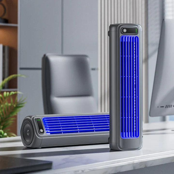 Wireless bladeless personal air cooler, rechargeable and eco-friendly mini AC for efficient, quiet spot cooling.