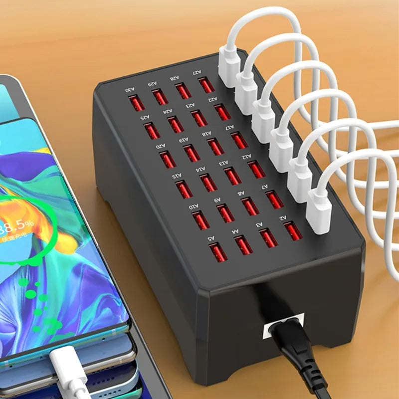 ChargeMax 30-port USB fast charging station. Efficiently powers up to 30 devices like phones and tablets.