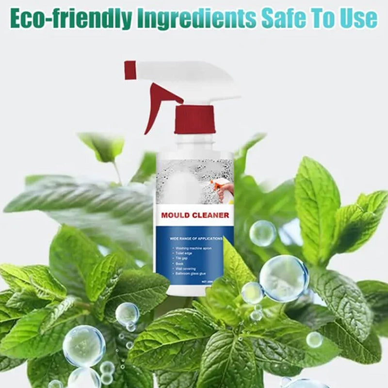 Close-up of a hand spraying Powerful Mold & Mildew Remover on a stained kitchen tile surface