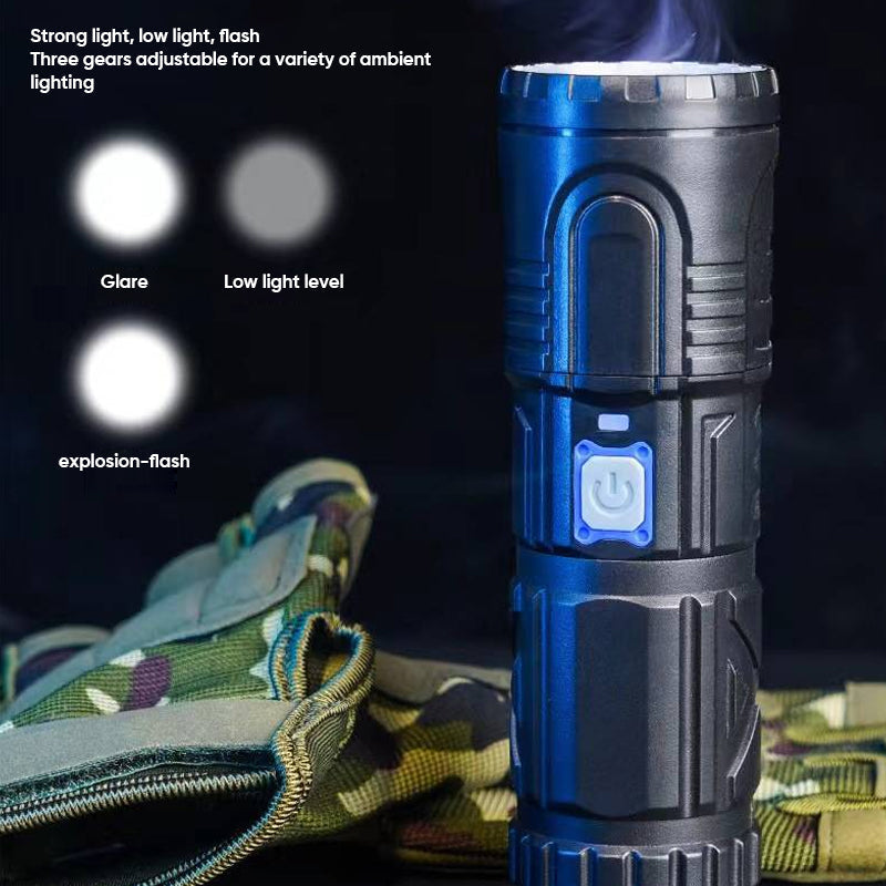 Powerful rechargeable LED flashlight, black aluminum, bright beam for outdoor camping & hiking