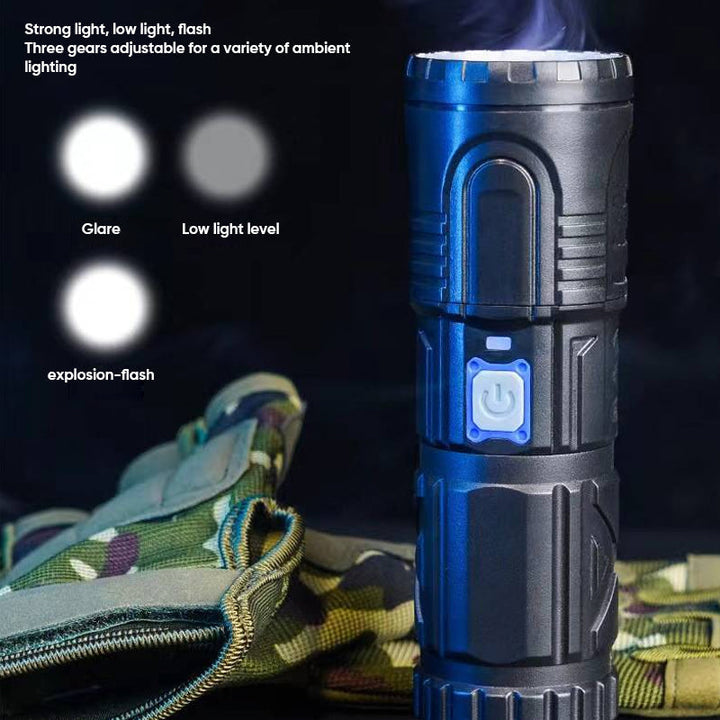 Powerful rechargeable LED flashlight, black aluminum, bright beam for outdoor camping & hiking