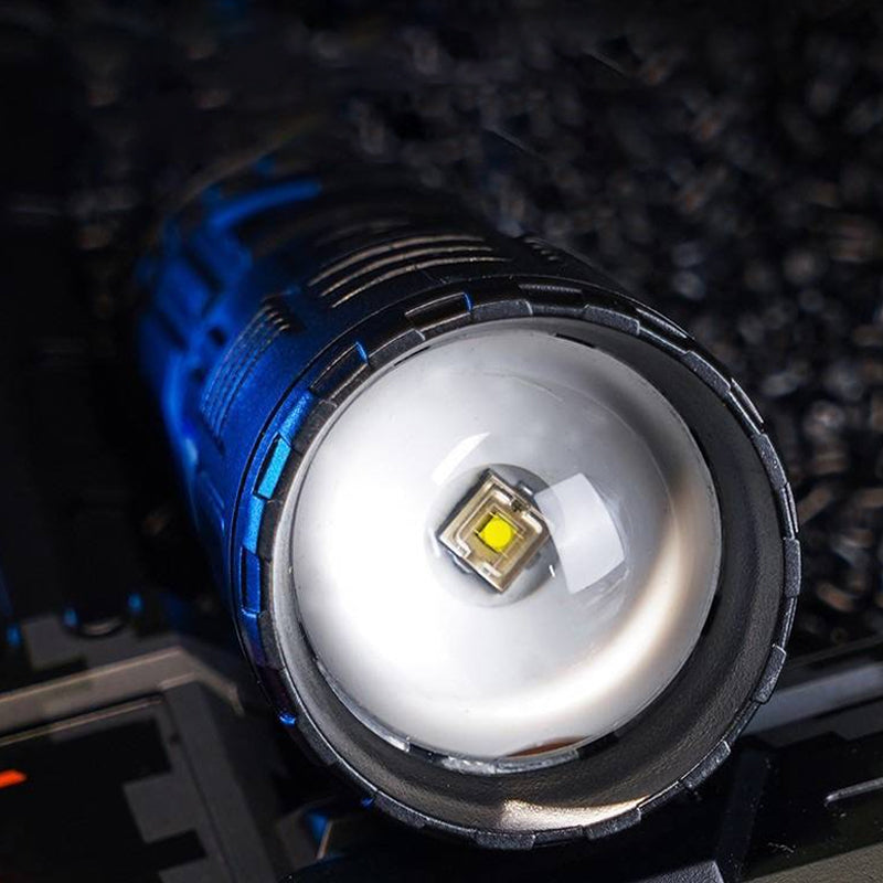 Long-range beam from rechargeable LED flashlight, highlighting its effectiveness for outdoor safety