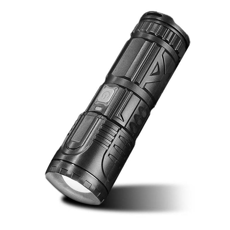Durable aluminum body rechargeable flashlight, front view, built for rugged outdoor environments