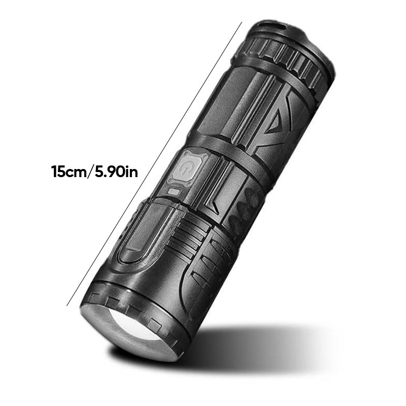 Compact LED flashlight next to camping equipment, essential survival gear for outdoor enthusiasts