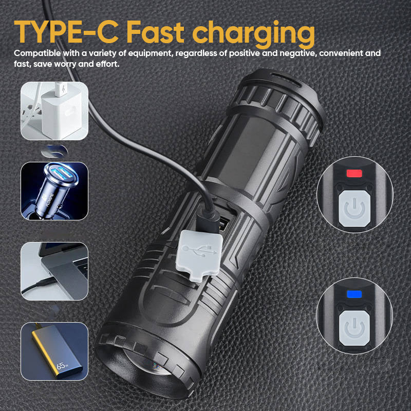 High-lumen rechargeable flashlight, durable & compact for hiking, with adjustable beam focus