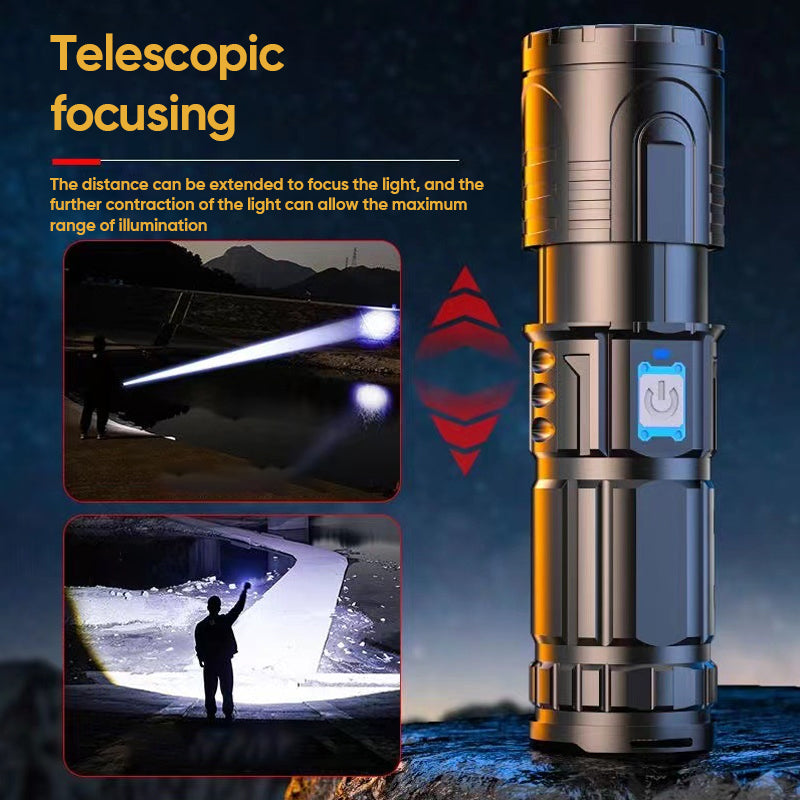 Ergonomic rechargeable LED flashlight, side view, perfect grip for outdoor emergency light use