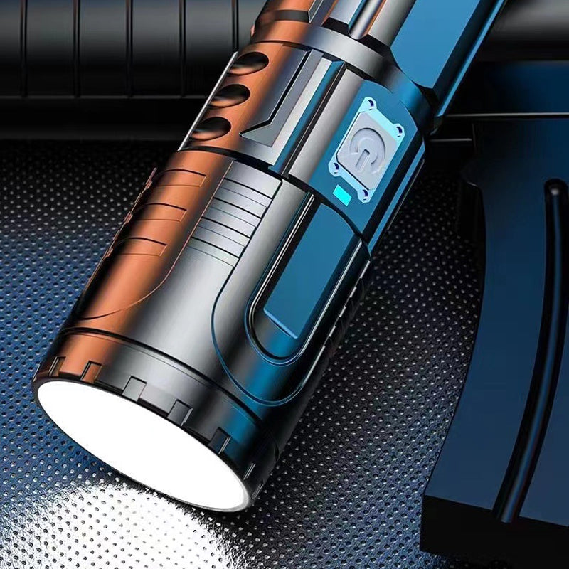 Flashlight with charging cable, showing USB port, convenient for on-the-go outdoor adventures