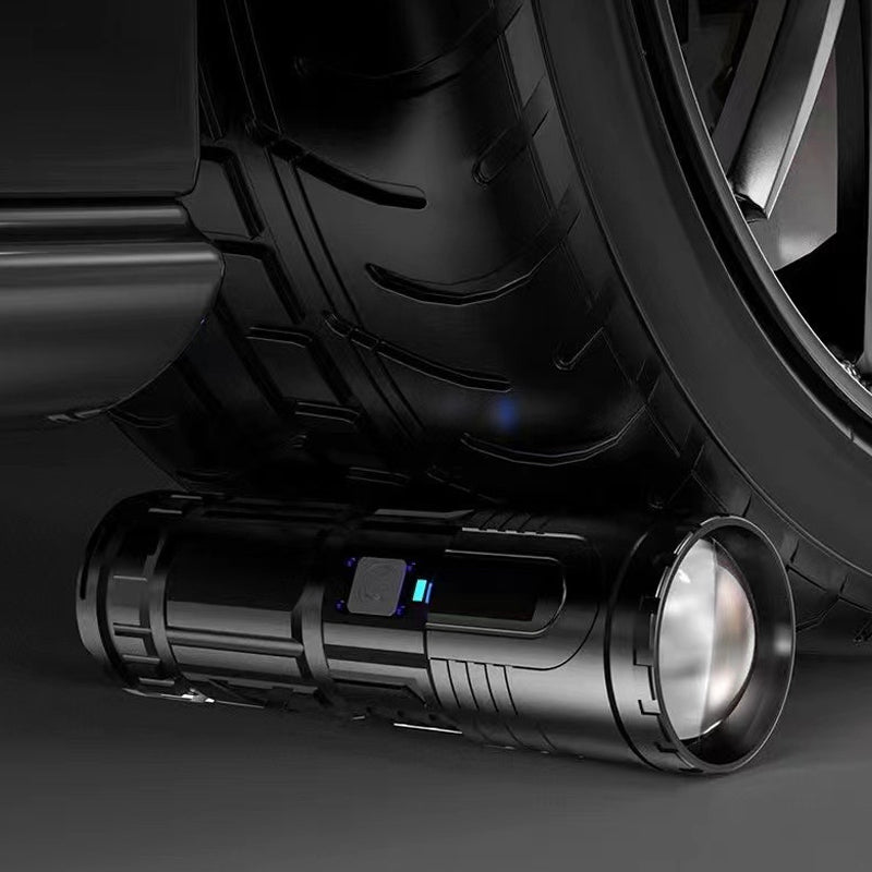 LED flashlight illuminating a dark trail, demonstrating powerful beam for night hiking & camping