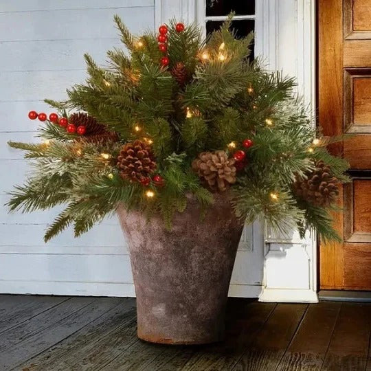 Pre-lit LED evergreen urn filler with pine cones & red berries. Festive battery-operated Christmas home decor.