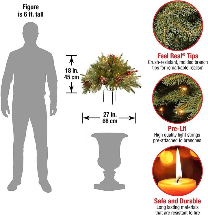 Decorative pre-lit LED evergreen urn filler, a festive holiday accent with pine cones & red berries for home.