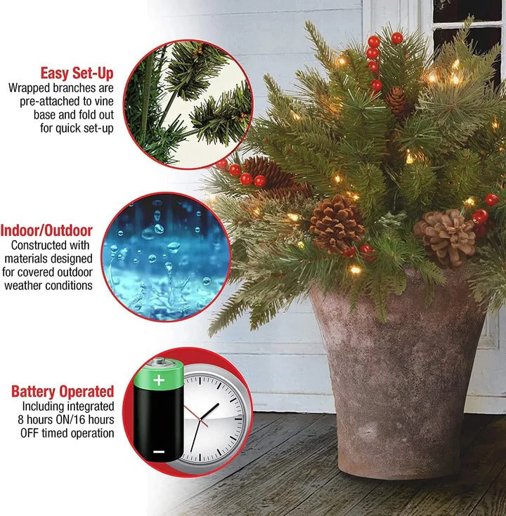 Vibrant pre-lit LED evergreen urn filler, adorned with glowing lights, pine cones, and bright red berries. Seasonal decor.