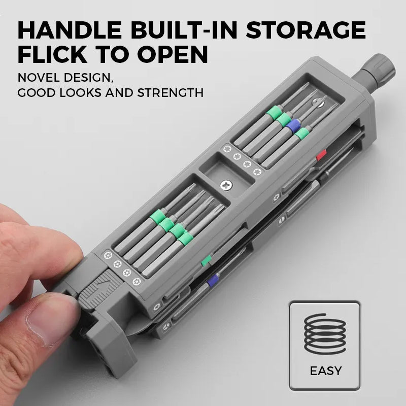 Close-up of a magnetic Precision 31-in-1 Screwdriver Set for intricate small device repair.