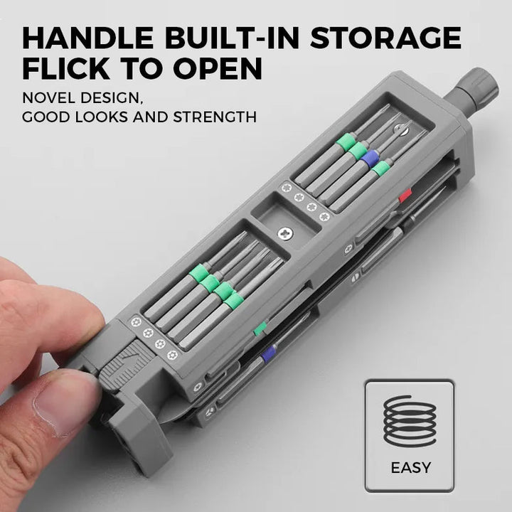 Close-up of a magnetic Precision 31-in-1 Screwdriver Set for intricate small device repair.