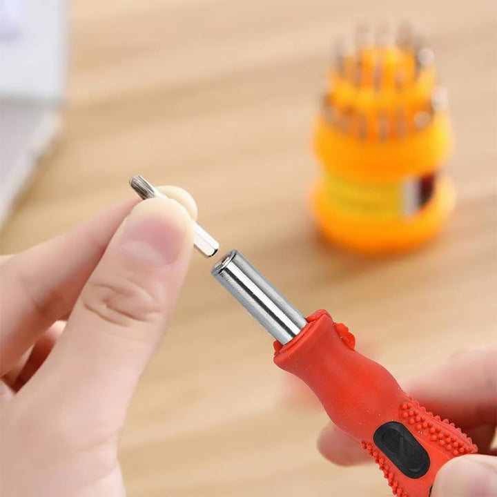 Complete 31-in-1 precision screwdriver set with organized bits, perfect for detailed manual tools work