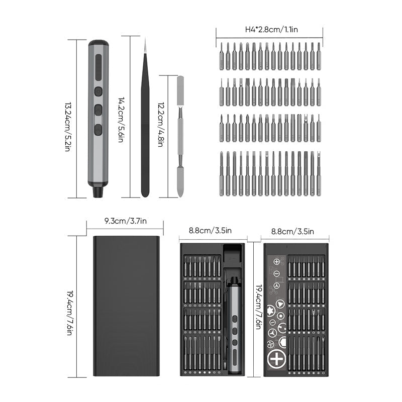 Ergonomic electric precision screwdriver for tech repair. Includes multiple screw bits and adjustable torque settings.