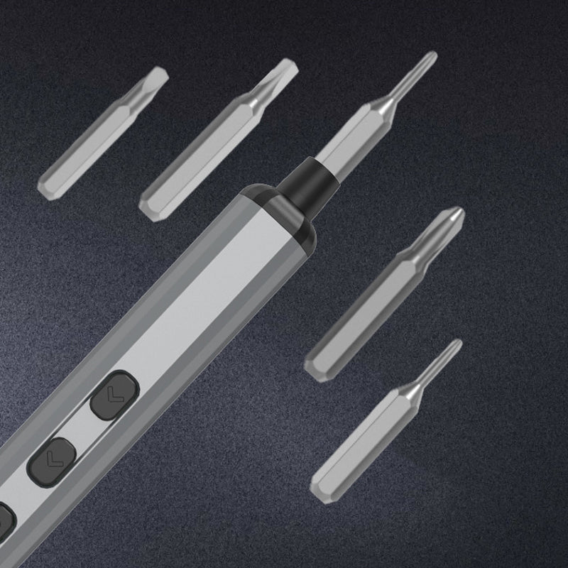 Electric precision screwdriver in use, showing its slim profile and LED light, perfect for detailed electronics work.