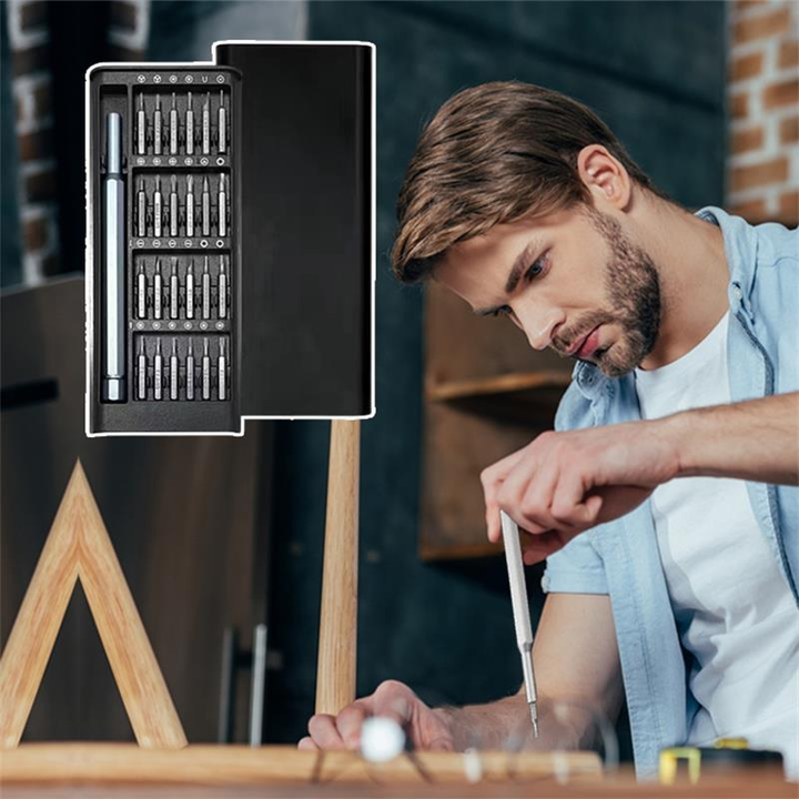 Precision magnetic screwdriver set with multiple bits, ideal for electronics repair and small gadgets.