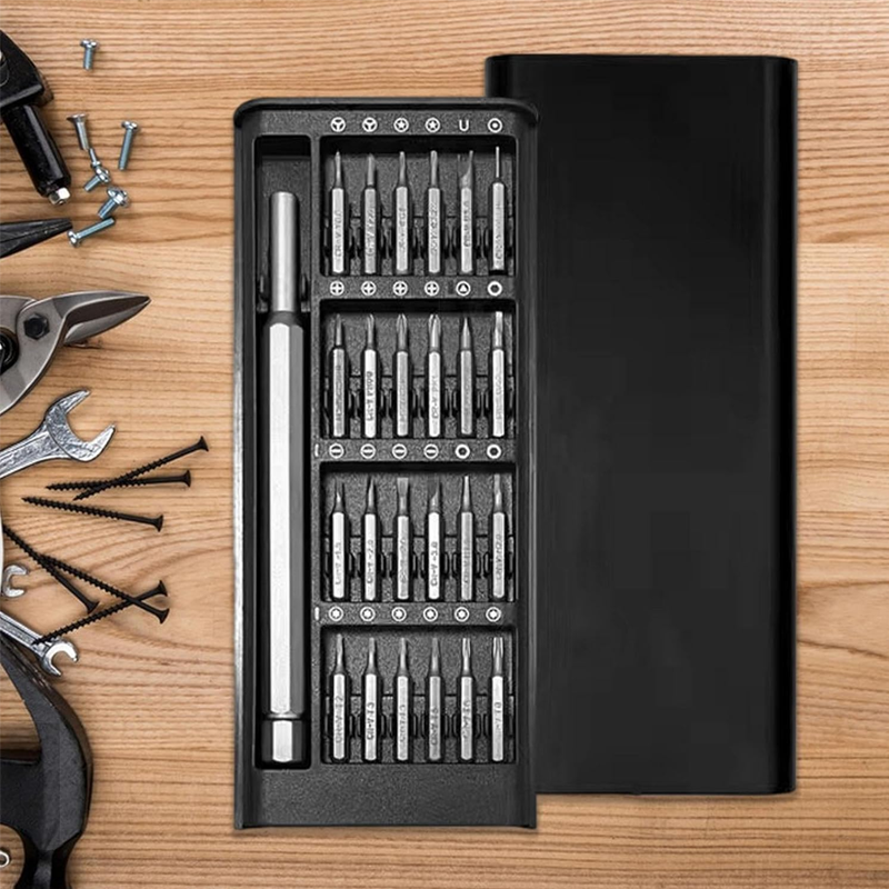 Compact electronics repair screwdriver kit showing magnetic bits, aluminum handle, and organized case.