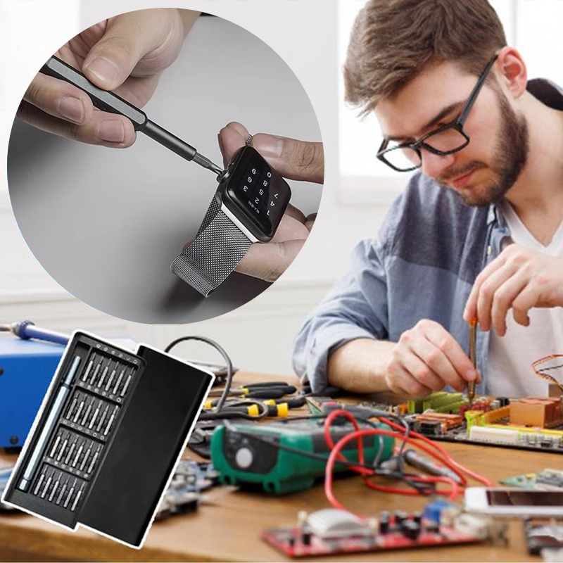 Ergonomic aluminum handle of a precision screwdriver, designed for comfortable electronics repair.