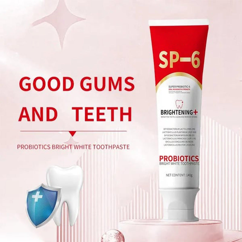 Probiotic whitening toothpaste tube for fresh breath and oral health, with green accents.