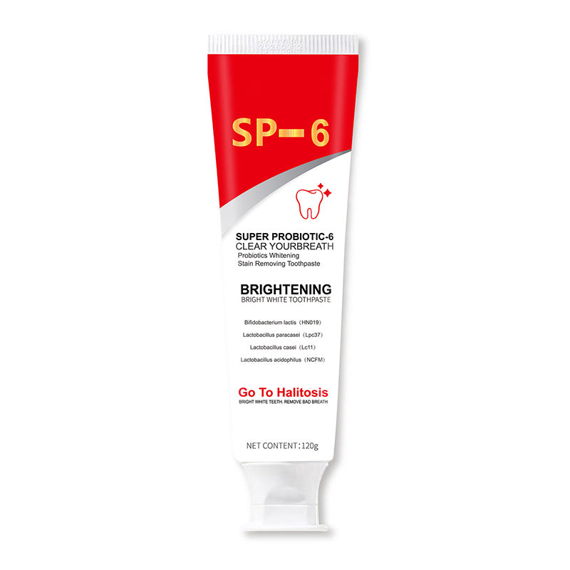 Studio shot of probiotic toothpaste for whitening and fresh breath, with a clean background.