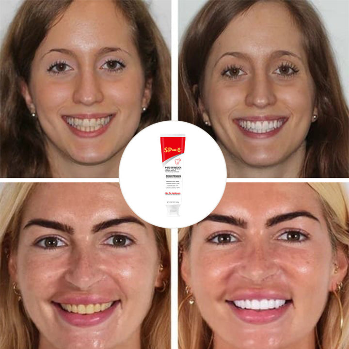 Ingredients focus: probiotic whitening toothpaste, highlighting natural extracts for fresh breath.