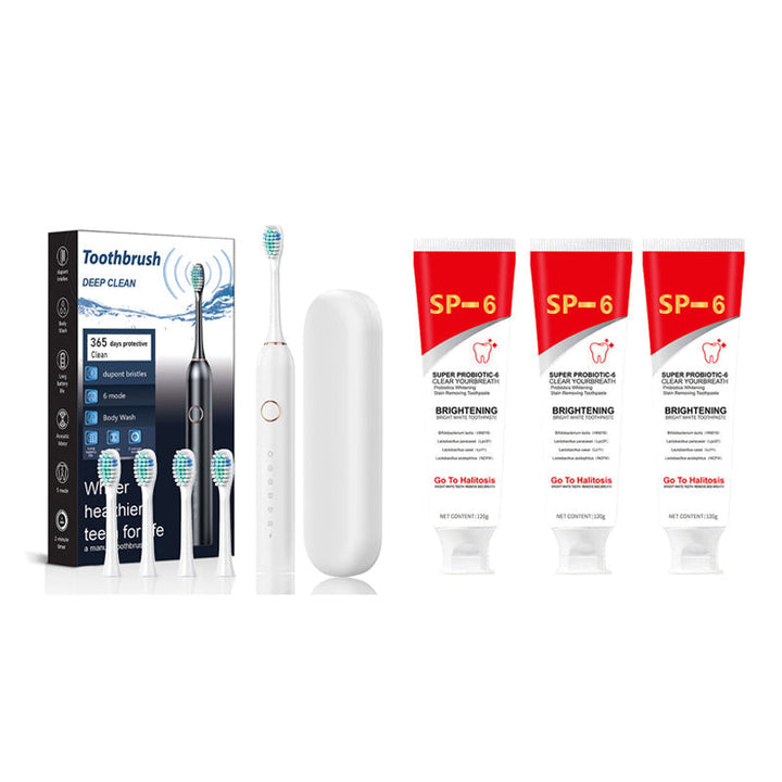 A modern bathroom counter with probiotic whitening toothpaste, promoting daily oral hygiene.