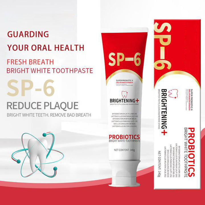 Close-up of a probiotic whitening toothpaste dispenser, highlighting the fresh breath formula.