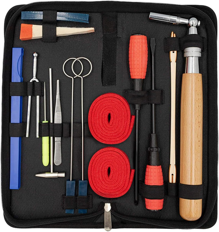 Professional 16-piece piano tuning kit by Arvena in a storage case, for precision sound adjustment & maintenance.