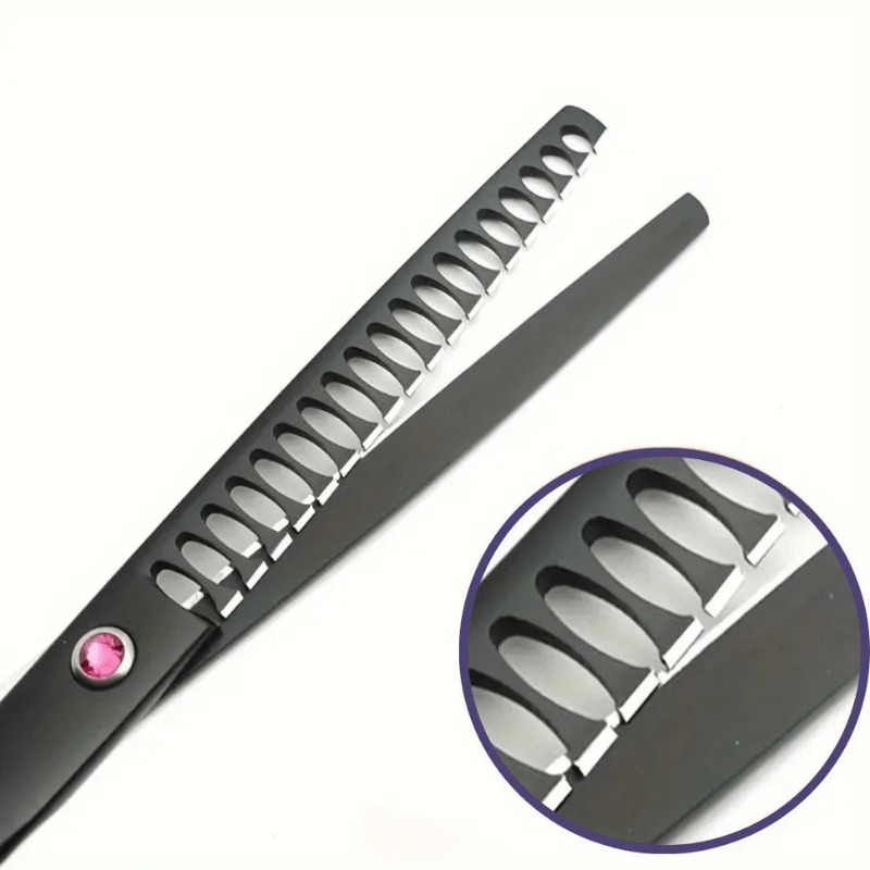 Ergonomic pet grooming scissors for safe & comfortable trimming of dog & cat fur. Essential professional grooming kit.