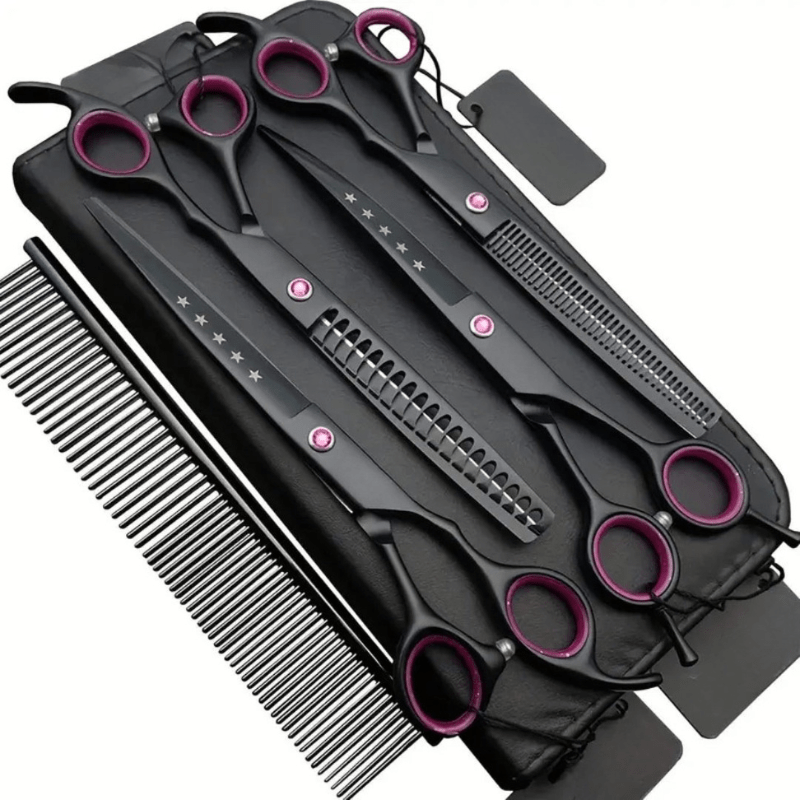 Straight pet grooming scissors in use, ensuring precise & clean cuts for dogs & cats. Professional animal care at home.