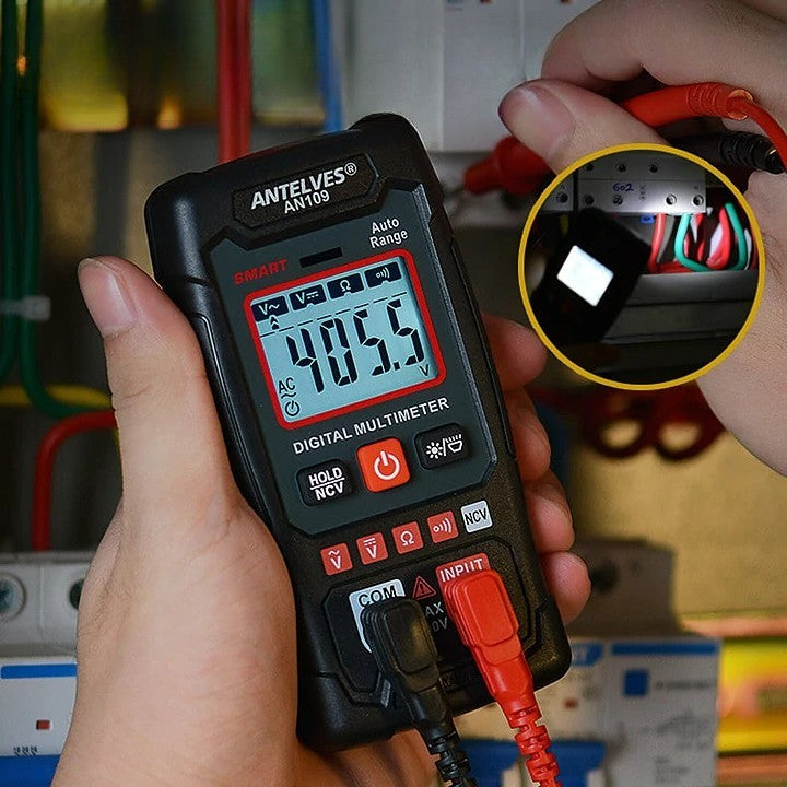 Handheld EBTN true RMS digital multimeter, ideal for electronics diagnostic and electrical testing.