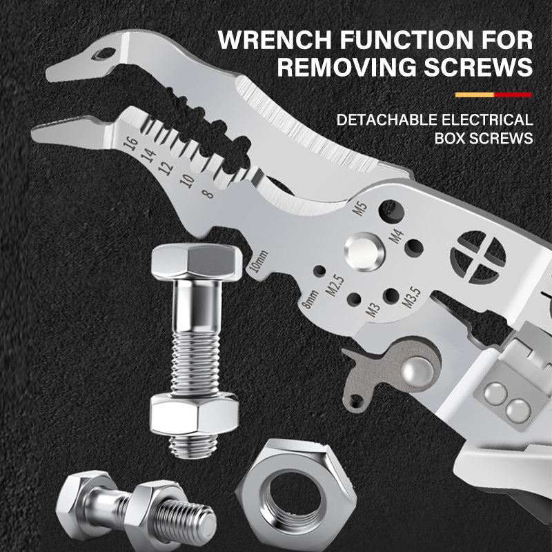 Electrician using a professional multi-purpose elbow wire stripper to prepare wires for connection.