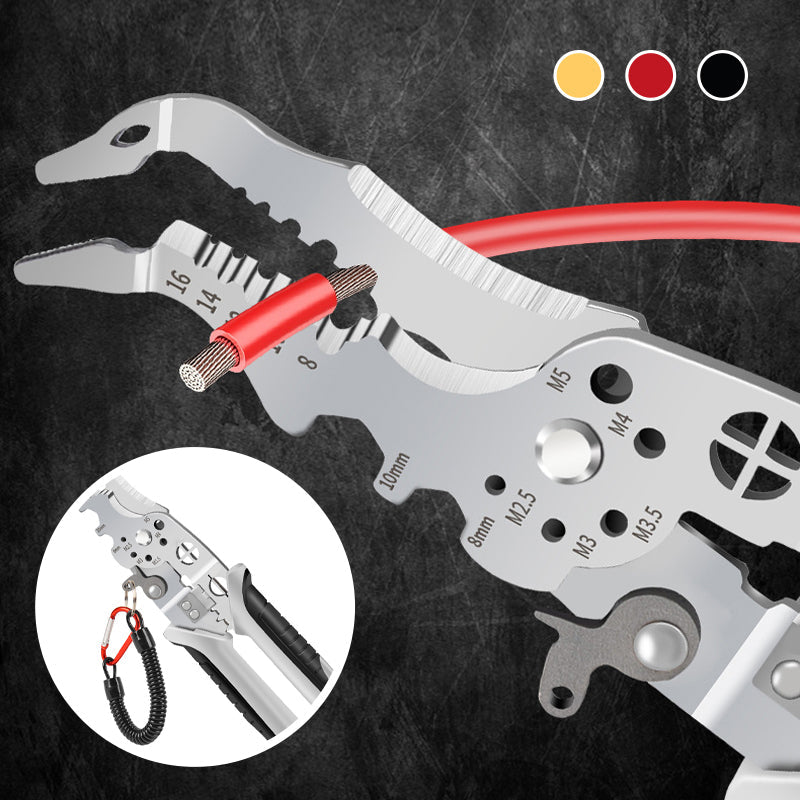Detail of the professional elbow wire stripper's crimping function for insulated and non-insulated terminals.