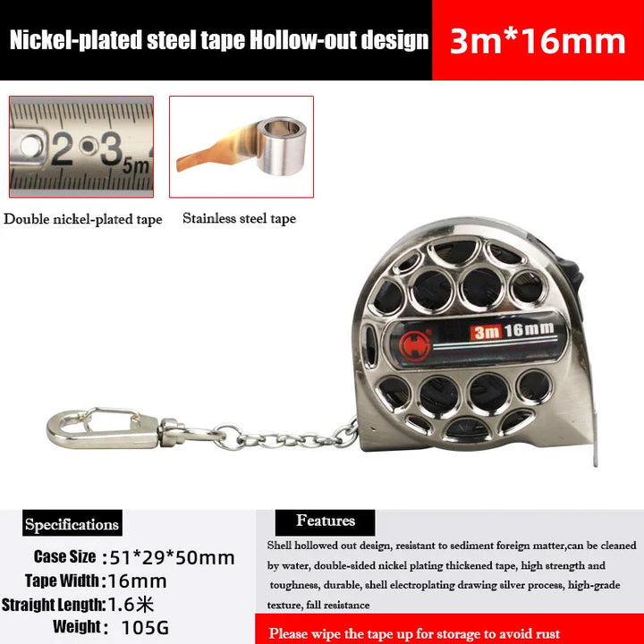 Packaging of a professional retractable metric measuring tape, highlighting its key features