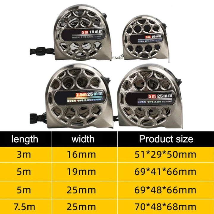 Variety of retractable metric measuring tapes in different lengths: 3m, 5m, 10m for diverse needs