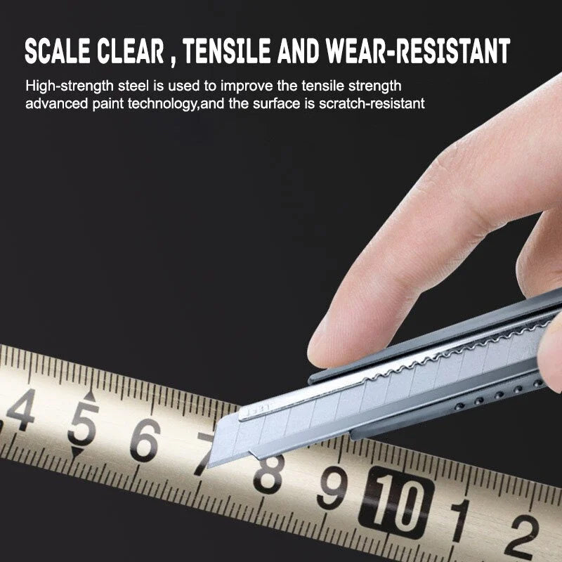 Close-up of a professional retractable metric measuring tape, highlighting the clear metric readings