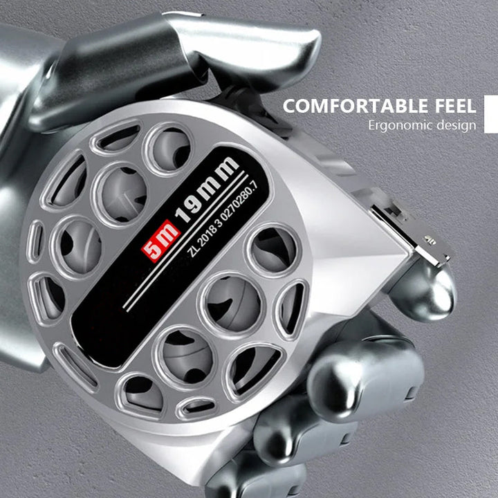 Stainless steel blade of a retractable metric measuring tape, extended for measurement accuracy