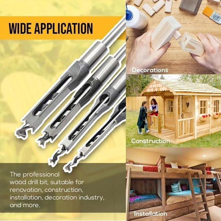 Square wood chisel attachment for mortising drill presses, perfect for crafting precise square holes.