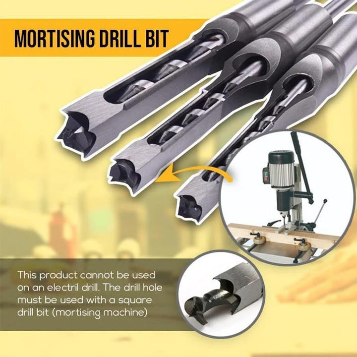 Precision mortising chisel, a power tool accessory for drill presses, creating perfect square holes.
