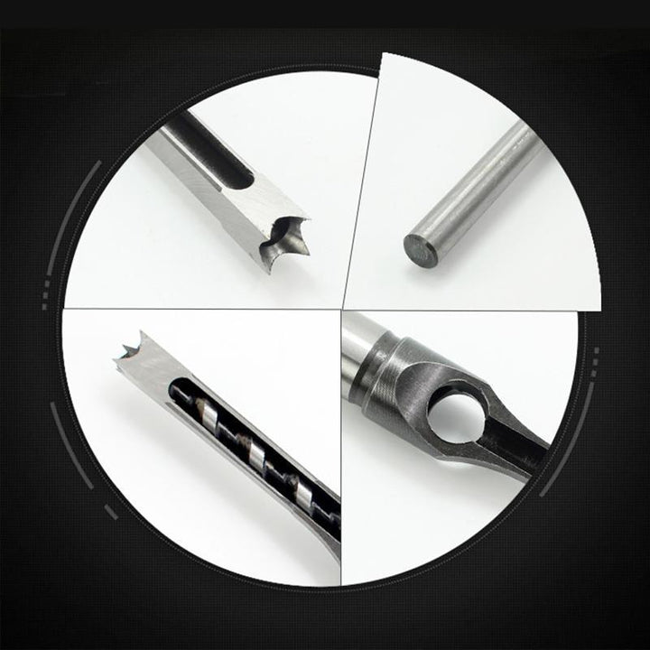 Square hole wood chisel for mortising drills, enhancing drill press functionality for woodworking projects.