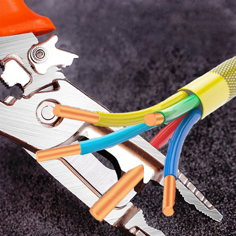 Multi-functional wire stripping tool with sharp cutting blades for various wire gauges, electrician's essential