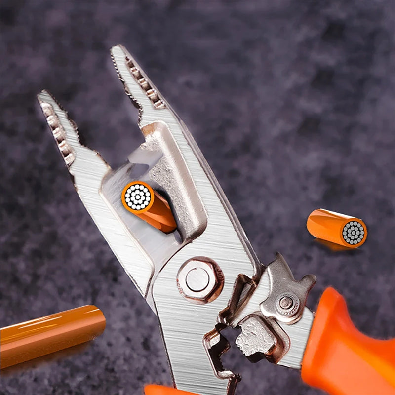 Close-up of wire stripper jaws gripping a cable, demonstrating precise stripping action for electrical work