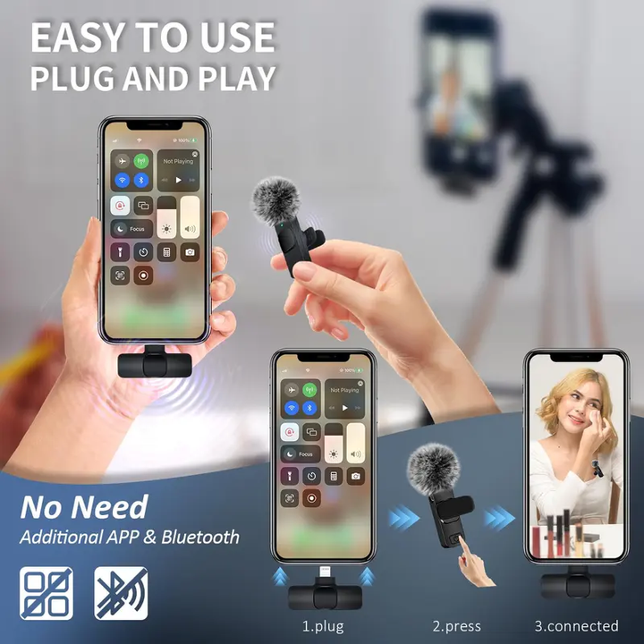 Dual wireless lavalier microphone kit with noise reduction, ideal for interviews, vlogs, and online content.