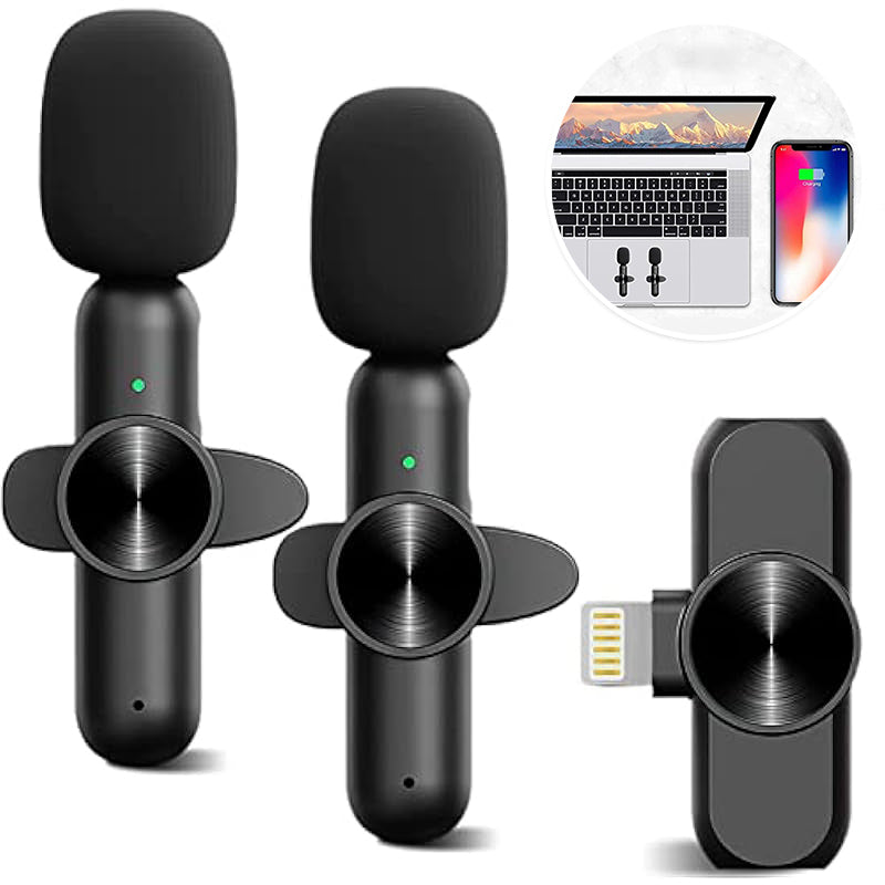 Portable wireless lavalier microphone system with USB-C charging, perfect for on-the-go audio recording.