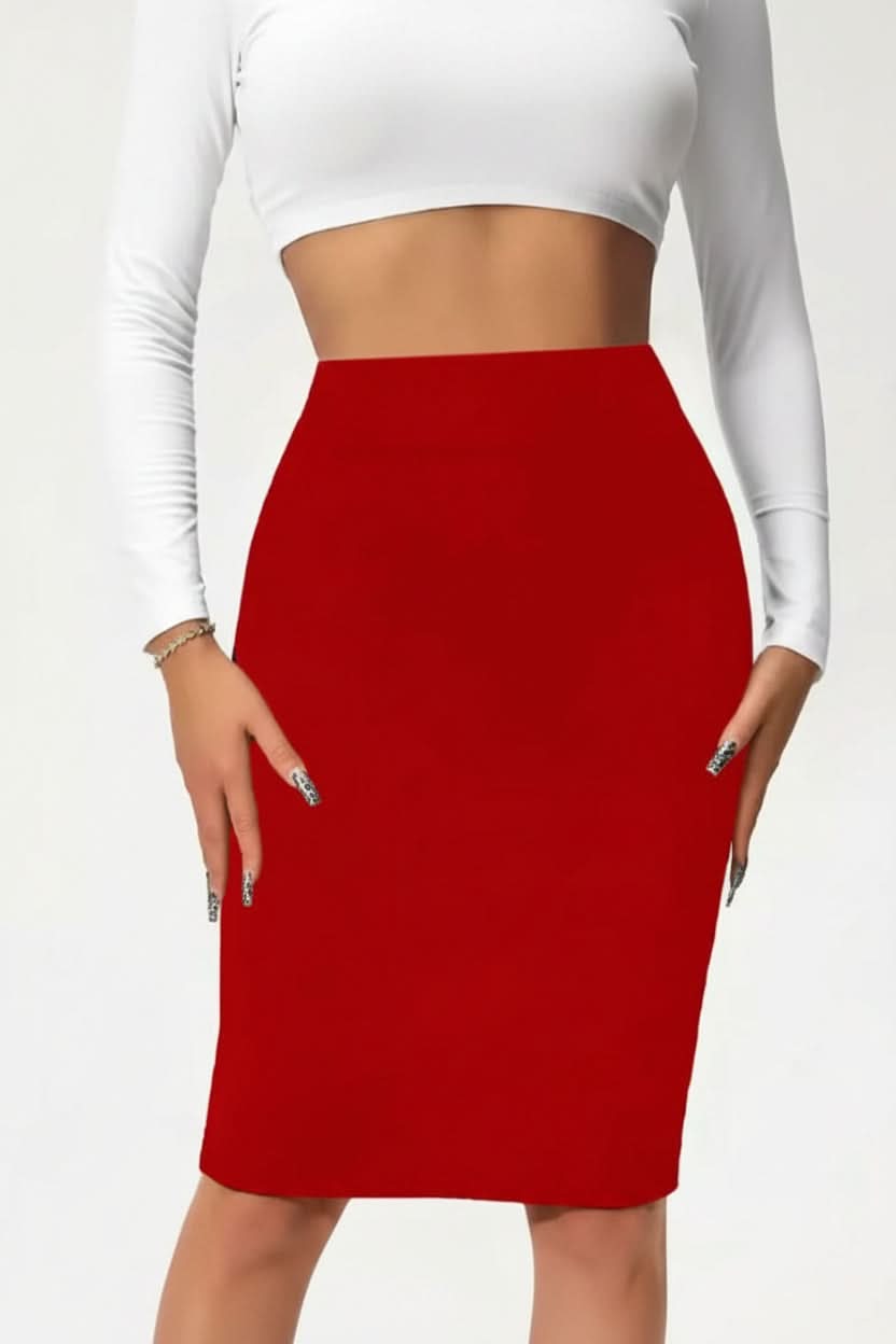 Classic professional women's high-waist midi pencil skirt. Structured office & formal business attire for elegance.