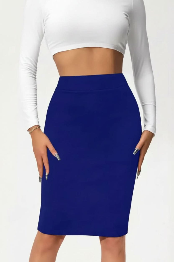 Flattering high-waist pencil skirt for women. Structured, elegant professional office wear & formal business attire.