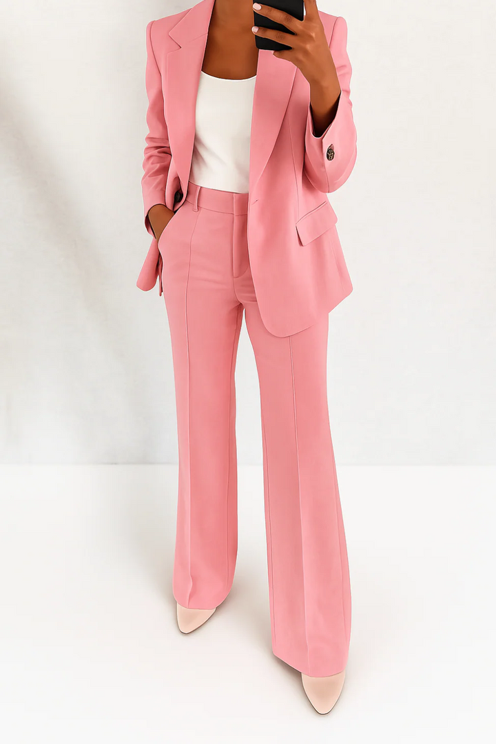 Contemporary women's business suit set: a sleek blazer and comfortable trousers for professional wear.