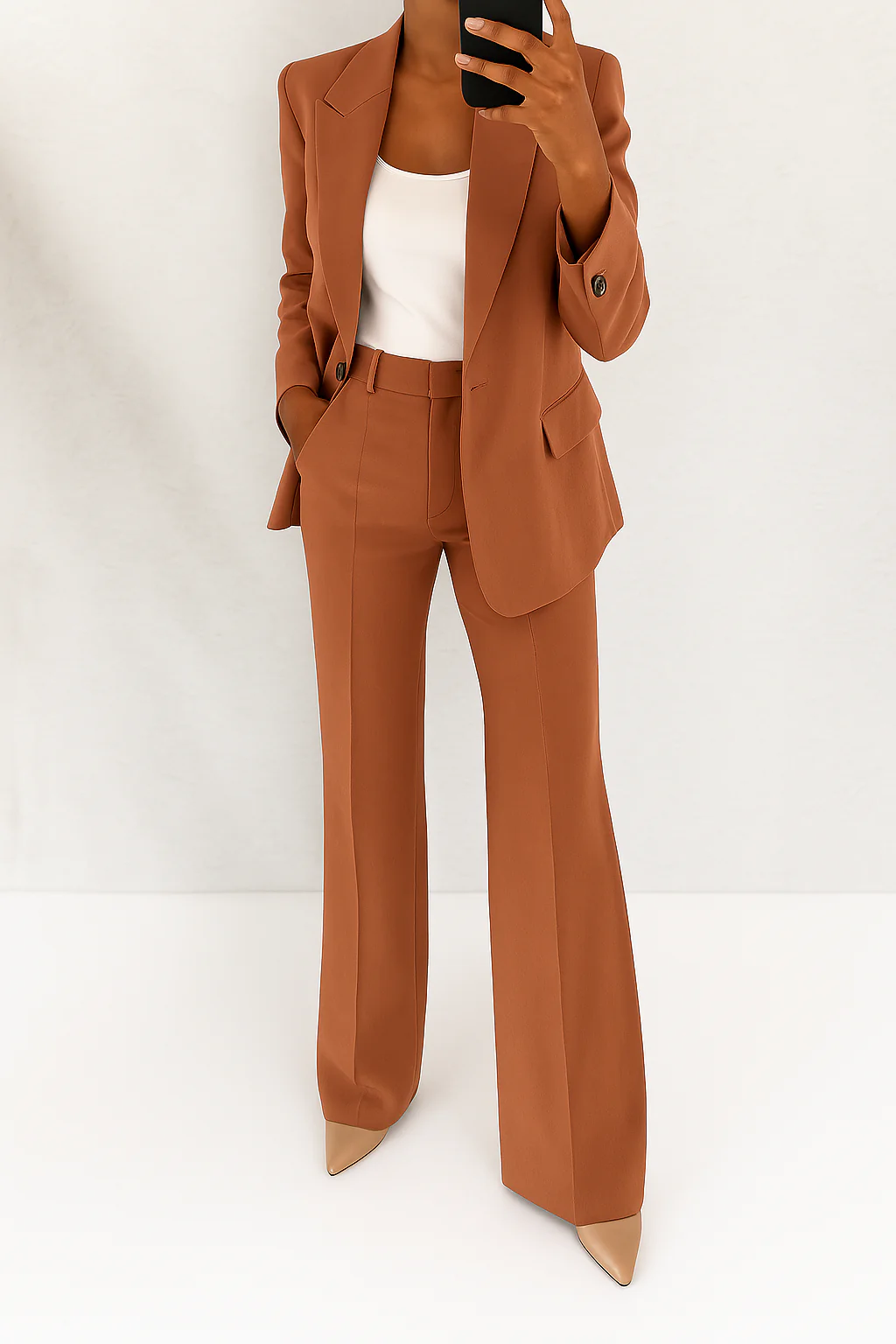 Power suit for women: a two-piece professional blazer & trouser set, perfect for executive office attire.